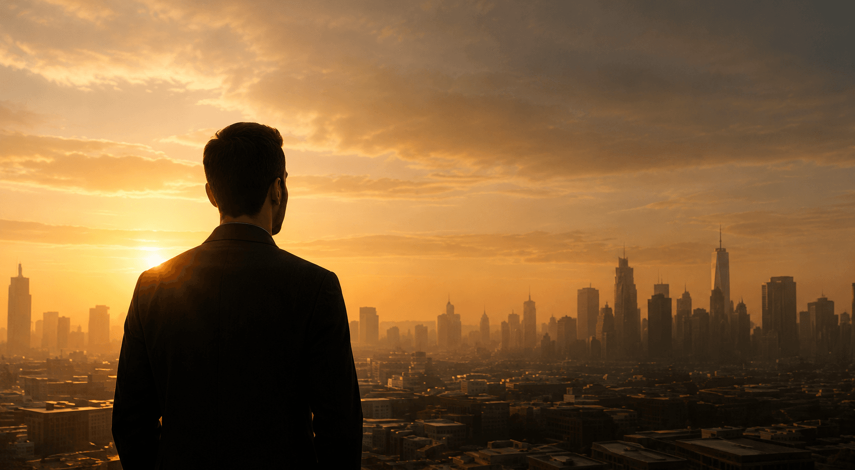 Business leader looking over a city at sunrise